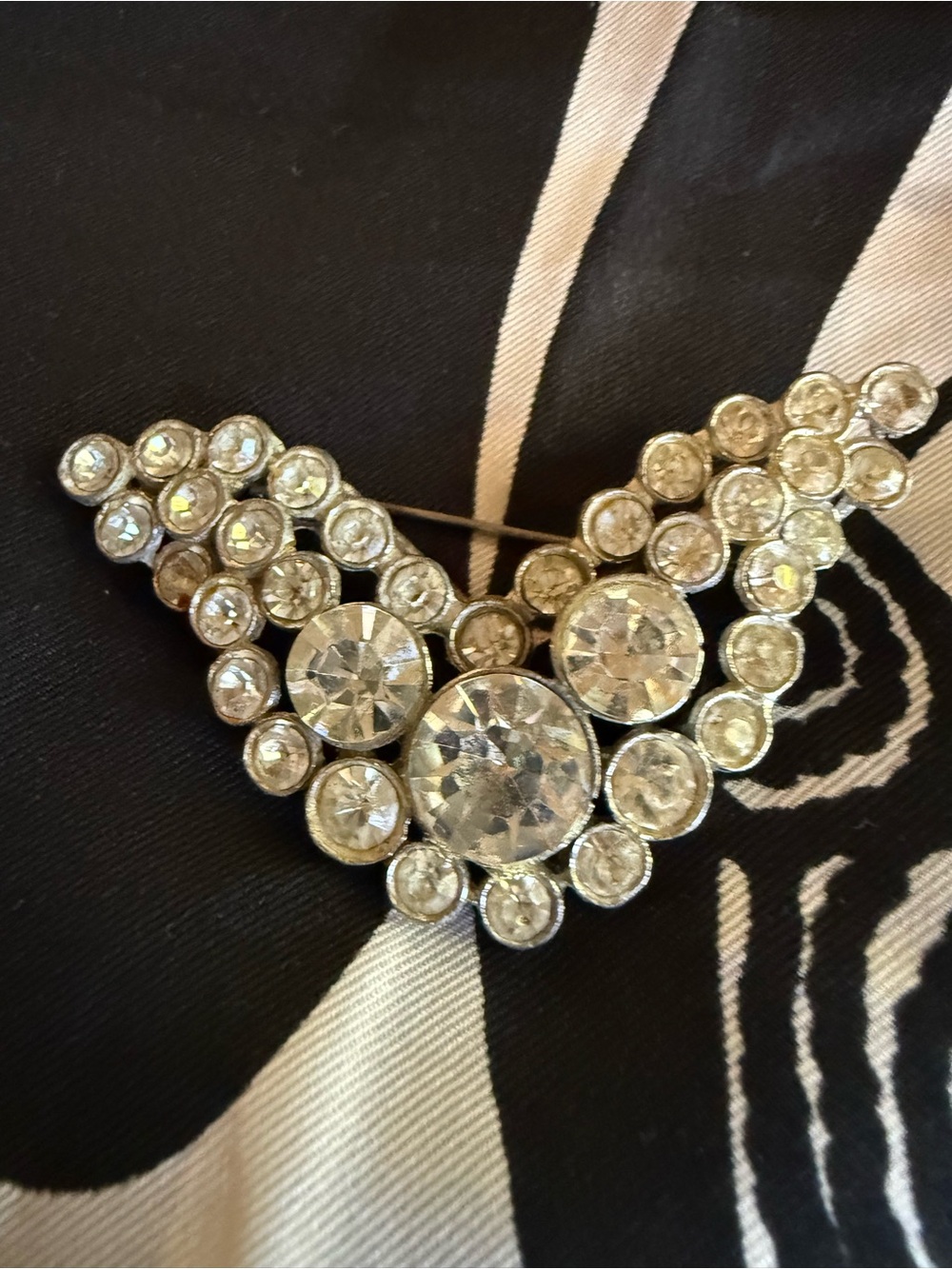 Vintage Silver Tone V Shape Rhinestone Cluster Brooch Pin Large Statement